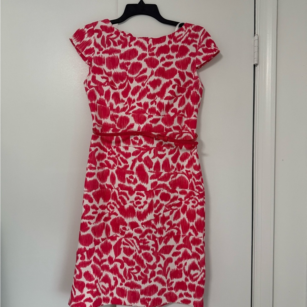 Pink and White Sheath Midi Dress with Flutter Cap Sleeves